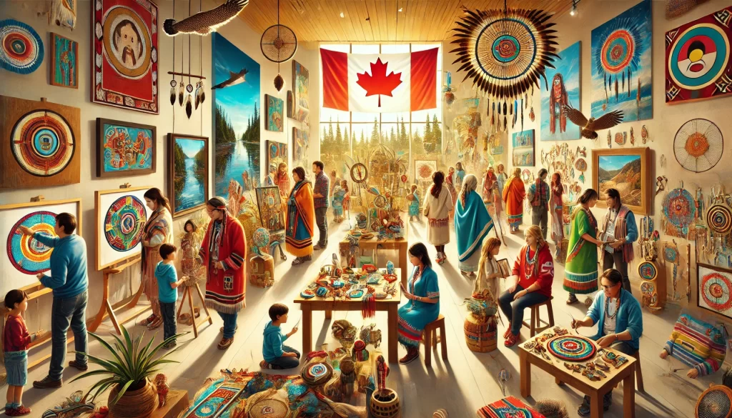 A vibrant and dynamic scene spotlighting Canadian Indigenous artists and art educators. The image features a gallery or studio setting where Indigenous