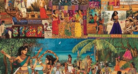 A detailed image that encapsulates the diversity of indigenous arts of India. Include a collage featuring intricate textiles from the Gond community of Madhya Pradesh with traditional patterns, colorful Kutch embroidery with mirror work, distinctive earthenware pottery from the Kondh and Saura tribes of Odisha showcasing unique designs, and Warli and Madhubani paintings representing daily life and mythology.