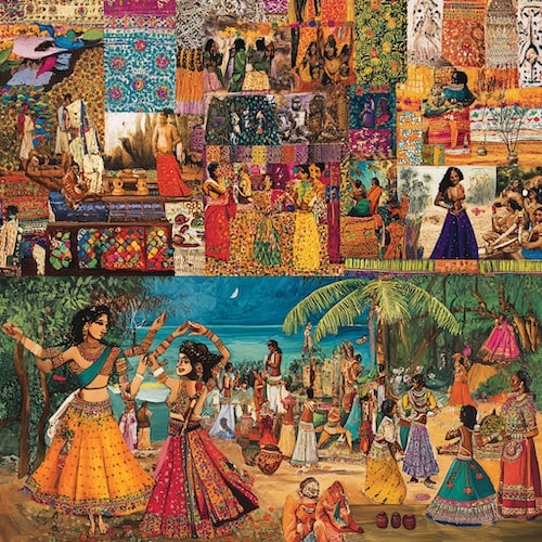 A detailed image that encapsulates the diversity of indigenous arts of India. Include a collage featuring intricate textiles from the Gond community of Madhya Pradesh with traditional patterns, colorful Kutch embroidery with mirror work, distinctive earthenware pottery from the Kondh and Saura tribes of Odisha showcasing unique designs, and Warli and Madhubani paintings representing daily life and mythology.