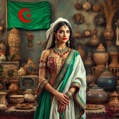 an artistic image featuring an indigenous woman from Algeria in traditional dress, standing at the center. Surround her with various forms of Algerian indigenous arts, such as intricate textiles, pottery, and jewelry. In the lower left corner, include the Algerian flag prominently. Use rich, vibrant colors to enhance the cultural richness of the scene, and evoke a warm, inviting atmosphere that reflects the depth and diversity of Algerian heritage.