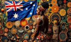 vibrant image showcasing indigenous Australian arts, featuring an indigenous woman standing at the center wearing traditional dress, adorned with intricate patterns and colors.