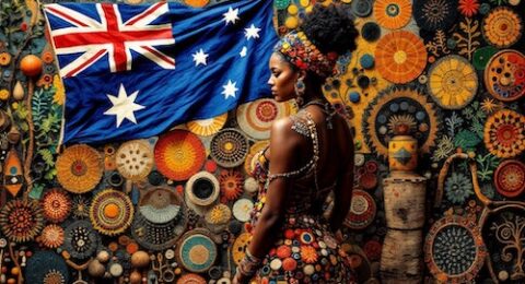 vibrant image showcasing indigenous Australian arts, featuring an indigenous woman standing at the center wearing traditional dress, adorned with intricate patterns and colors.