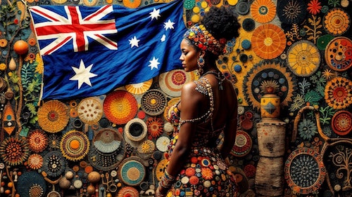 vibrant image showcasing indigenous Australian arts, featuring an indigenous woman standing at the center wearing traditional dress, adorned with intricate patterns and colors.