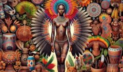 a vibrant and detailed illustration featuring a Brazilian indigenous dancer in the center, adorned in traditional attire and body paint, surrounded by representations of various indigenous art forms.