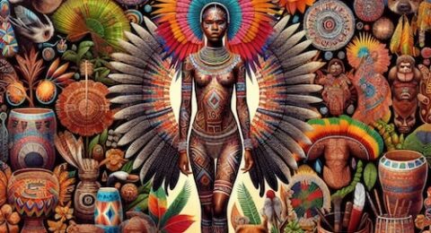 a vibrant and detailed illustration featuring a Brazilian indigenous dancer in the center, adorned in traditional attire and body paint, surrounded by representations of various indigenous art forms.