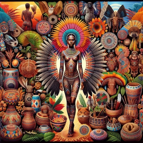 a vibrant and detailed illustration featuring a Brazilian indigenous dancer in the center, adorned in traditional attire and body paint, surrounded by representations of various indigenous art forms.