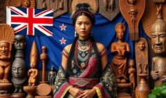 a vibrant and detailed image showcasing New Zealand's indigenous arts. In the center, depict an indigenous woman dressed in traditional attire, showcasing intricate patterns and textures.