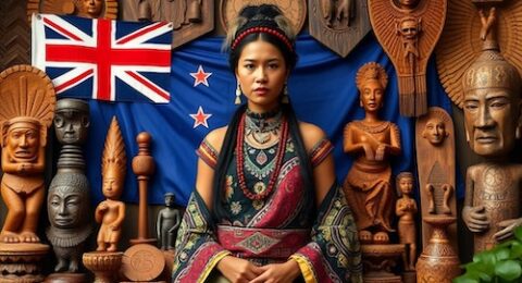 a vibrant and detailed image showcasing New Zealand's indigenous arts. In the center, depict an indigenous woman dressed in traditional attire, showcasing intricate patterns and textures.