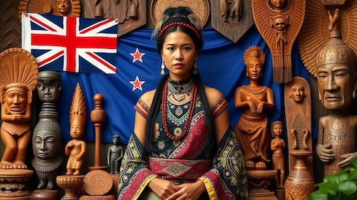 a vibrant and detailed image showcasing New Zealand's indigenous arts. In the center, depict an indigenous woman dressed in traditional attire, showcasing intricate patterns and textures.