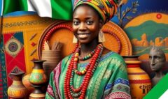 a vibrant and culturally rich image featuring a Nigerian indigenous woman dressed in traditional attire, positioned centrally in the composition. Surround her with various forms of indigenous arts, such as intricate beadwork, colorful textiles, and handcrafted pottery, all blending harmoniously in the background. In the top left corner, prominently display the Nigerian flag to emphasize the cultural context. The overall scene should convey the essence of Nigeria’s diverse heritage and artistic expressions