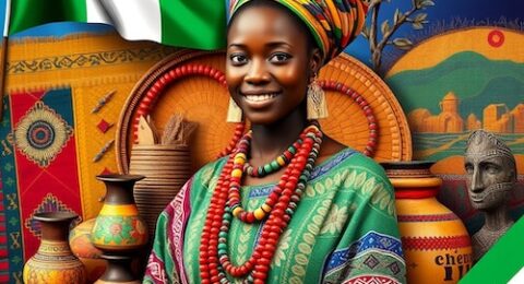 a vibrant and culturally rich image featuring a Nigerian indigenous woman dressed in traditional attire, positioned centrally in the composition. Surround her with various forms of indigenous arts, such as intricate beadwork, colorful textiles, and handcrafted pottery, all blending harmoniously in the background. In the top left corner, prominently display the Nigerian flag to emphasize the cultural context. The overall scene should convey the essence of Nigeria’s diverse heritage and artistic expressions