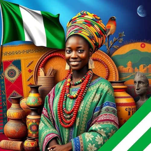 a vibrant and culturally rich image featuring a Nigerian indigenous woman dressed in traditional attire, positioned centrally in the composition. Surround her with various forms of indigenous arts, such as intricate beadwork, colorful textiles, and handcrafted pottery, all blending harmoniously in the background. In the top left corner, prominently display the Nigerian flag to emphasize the cultural context. The overall scene should convey the essence of Nigeria’s diverse heritage and artistic expressions