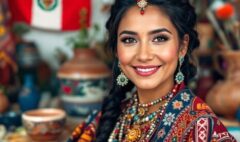 a vibrant image featuring an indigenous woman from Peru at the center, dressed in traditional attire, showcasing the rich colors and intricate patterns unique to her heritage.