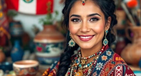 a vibrant image featuring an indigenous woman from Peru at the center, dressed in traditional attire, showcasing the rich colors and intricate patterns unique to her heritage.