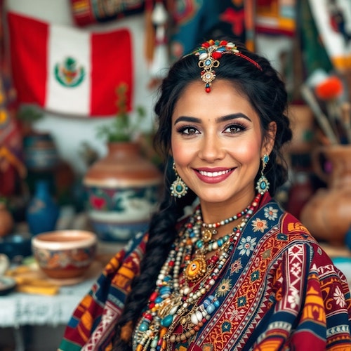 a vibrant image featuring an indigenous woman from Peru at the center, dressed in traditional attire, showcasing the rich colors and intricate patterns unique to her heritage.